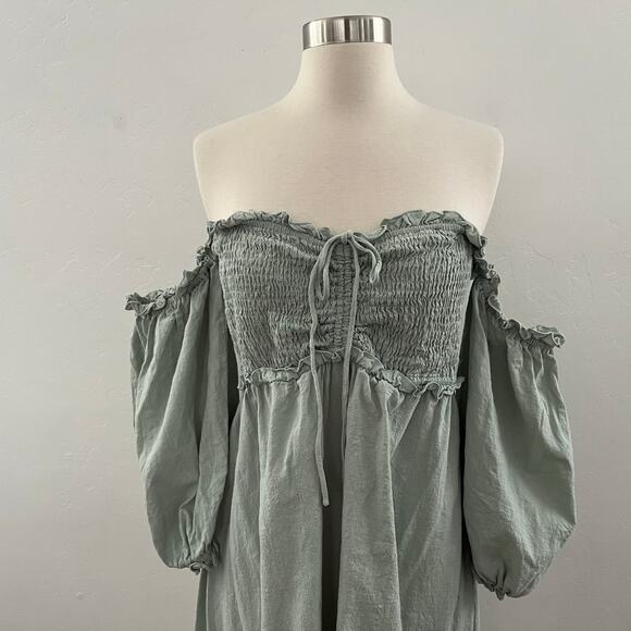 Showpo Nikka Shirred Off The Shoulder Puff Sleeve Midi Dress in Sage Size 10 - Picture 3 of 10